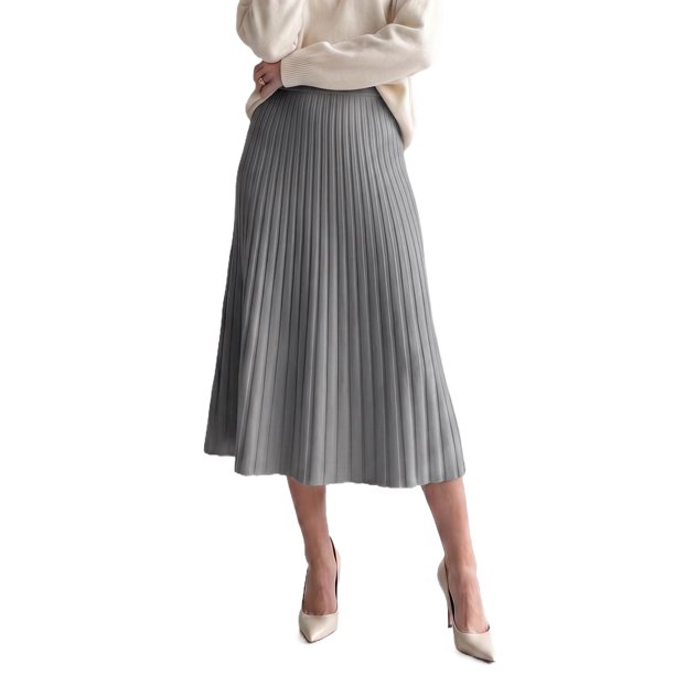 INSPIRE CHIC Falda Maxi de Mujer Plisada de Punto Acanalado con Cintura Alta Elástica Elegante Línea A con Vuelo Elástica Suave Casual Otoño Invierno Faldas de Suéter Gris Medio