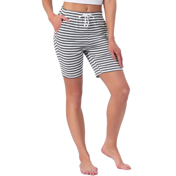 INSPIRE CHIC Pantalones Cortos de Pijama a Rayas para Mujer, Suaves y Ligeros, con Cintura Elástica y Cordón, Pantalones Cortos de Descanso con Bolsillos XS Gris