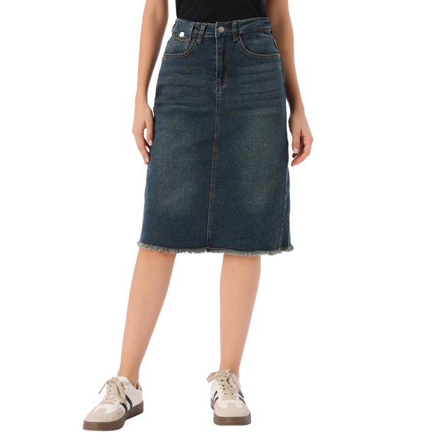 INSPIRE CHIC Falda de Mezclilla de Cintura Alta para Mujer, Falda de Jean hasta la Rodilla con Dobladillo Deshilachado y Bolsillos Azul Gris Oscuro L