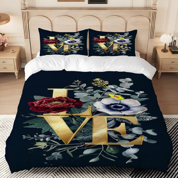 Golden LOVE Floral Print Bedding Set 100% Polyester Soft Skin-Friendly
