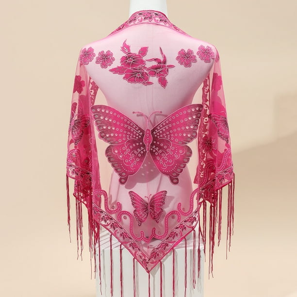 29.5"×55.1" Triangle Scarf Butterfly Flower Embroidery Lace Tassel Shawl Elegant Breathable Windproof Wrap Outdoor Accessories