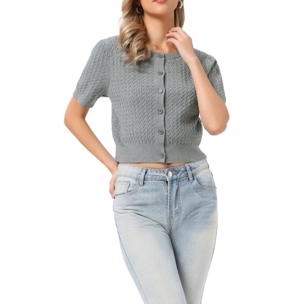 INSPIRA CHIC Regreso a Clases Cárdigan de Verano de Manga Corta Suéter de Punto Casual con Botones Cuello Redondo Suéter Ligero Tops L Gris