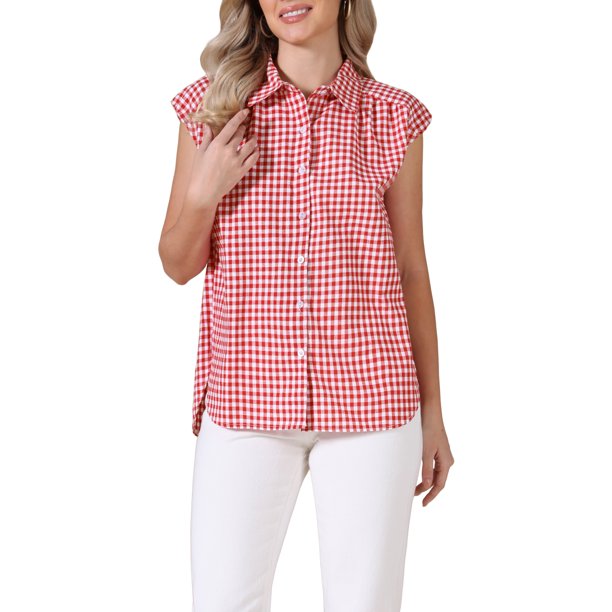 INSPIRE CHIC Top de Gingham para Mujer con Mangas Cortas de Trabajo Camisas de Cuadros Vintage con Botones L Rojo