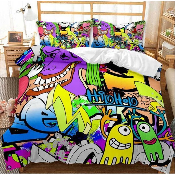 Graffiti Quilt Duvet Cover, Duna Bedding Set, 3-Piece Bedding Set (1 Duvet Cover + 2 Pillow Shams)
