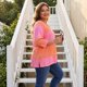 thumbnail image 2 of Agnes Orinda Blusas Casuales de Talla Grande para Mujer, Tops de Colegio con Rayas de Tie Dye, Cuello en V, Mangas 3/4, Túnica, 1X Rosa, 2 of 8