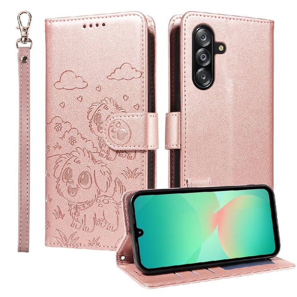 Funda Cartera para Samsung Galaxy A17 Perro Cachorro Grabado con Tarjetas Soporte Correa Rosa
