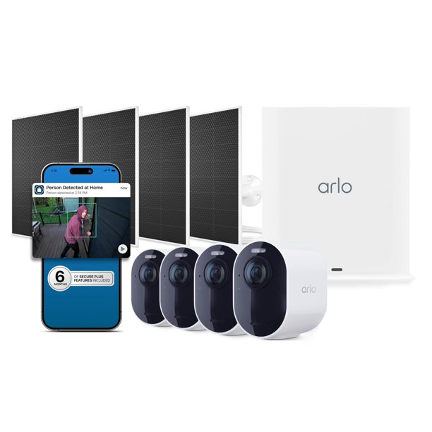 Cámara de Seguridad Arlo Ultra 4K HDR (3ª generación) - 4 cámaras + 4 paneles solares + plan Secure Plus de 6 meses