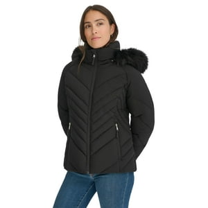 Chaqueta Tommy Hilfiger Para Mujer, Acolchada Y Ribeteada De Piel Sintética, Color Negro