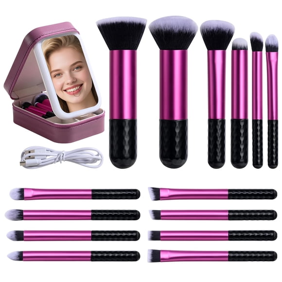 Brochas de Maquillaje BS-MALL 14 Piezas con Espejo LED y Luz – Color Púrpura