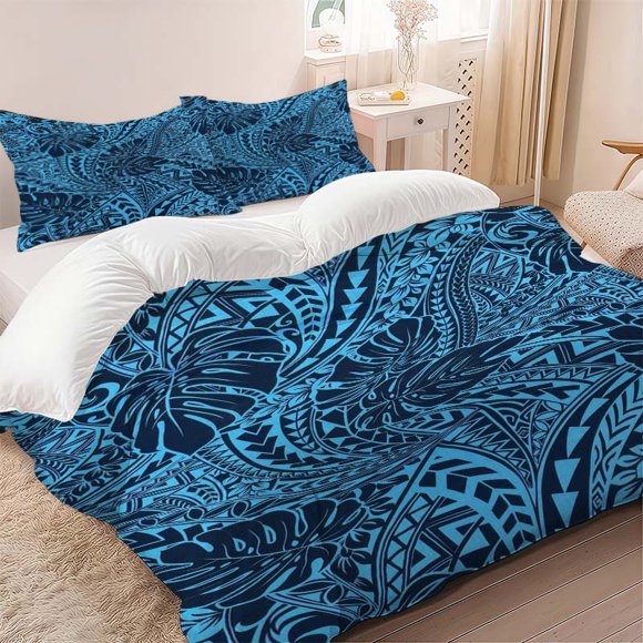 3pcs Tropical-Themed Monstera Deliciosa And Geometric Patterned Dark Blue Three-Piece Bedding Set Soft And Comfortable Suitable for All Seasons