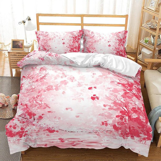 Peach Blossom Pink Flowers Floral Print Quilt Duvet Cover Set Soft 3-Piece Bedding Set