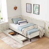M&Ms - Twin Size Upholstered Platform Bed Frame With 2 Storage Drawers, Adjustable Velvet Sofa Bed, Beige