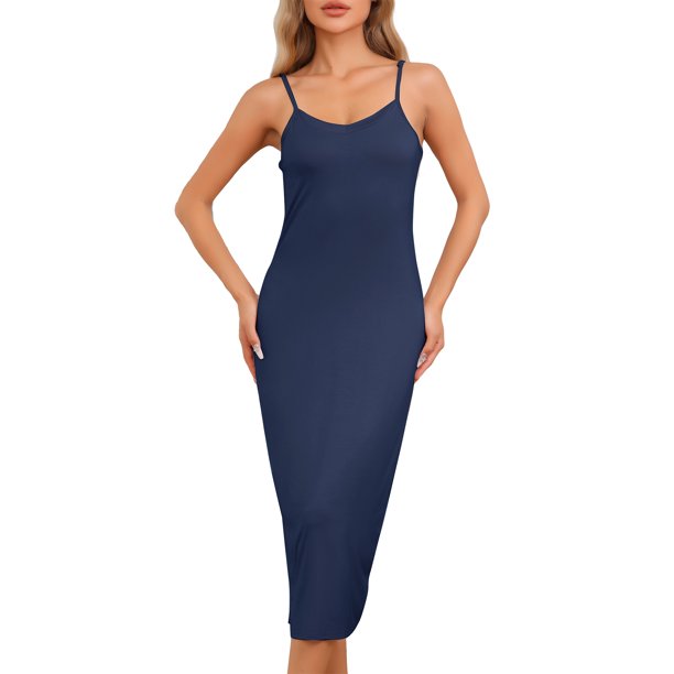 INSPIRE CHIC Vestido de dormir modal para mujer con tirantes ajustables y escote en V, camisón largo para descansar, talla S, color azul marino