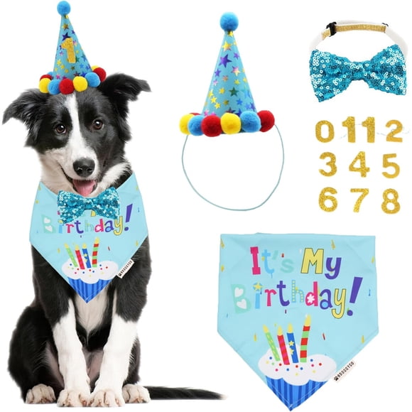 ADOGGYGO Dog Birthday Hat, Blue Birthday Boy Bandana with Bow Tie