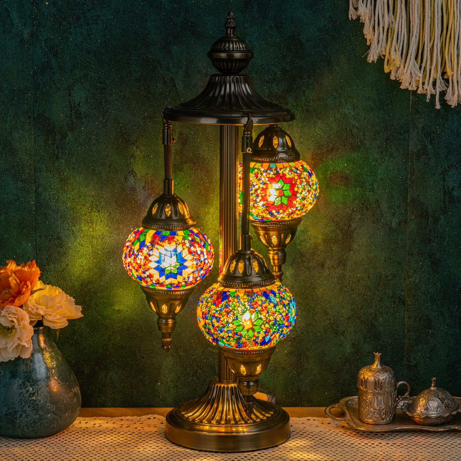 Lámpara Marrakech De 3 Globos, Mosaico Turco De Vidrio, Base De Bronce, 58 Cm