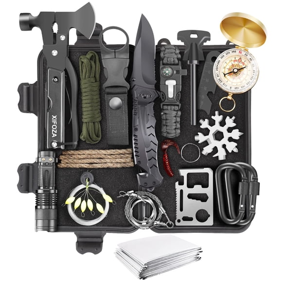 Kit de supervivencia XIFOZA 27 en 1 para acampar, senderismo y caza con caja