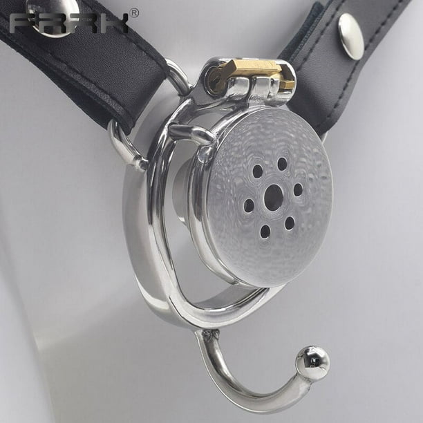 FRRK Small Short Sissy Negative Chastity Cock Cage Device with Cylinder Inverted Steel Penis Rings Flat BDSM Sex Toys for Adults