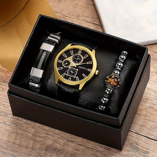 3pcs/set Men's Casual Analog Watch And Classic Bracelets Set (1 Watch+2 Bracelets)