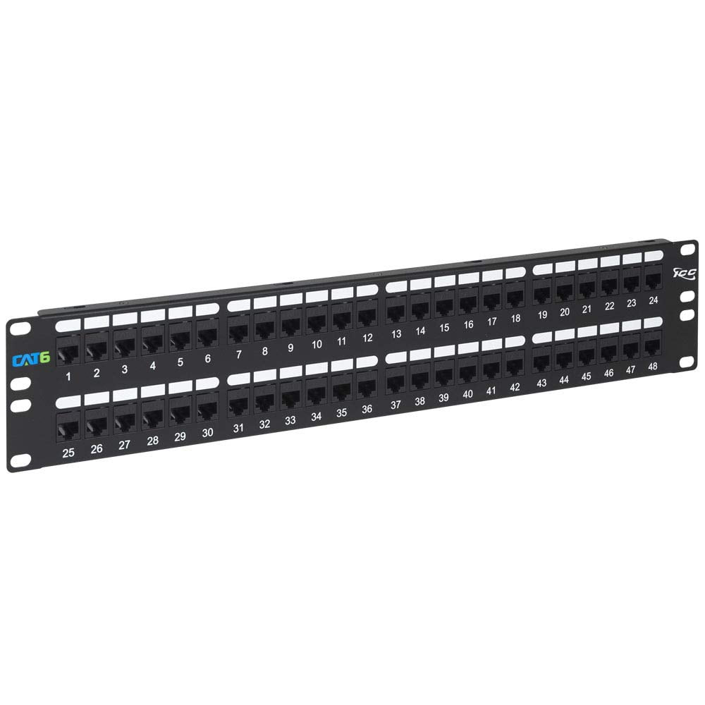 Panel De Conexión Icc Cat6 Con Alimentación Directa De 48 Puertos Y 2u Para Montaje En Rack, Negro