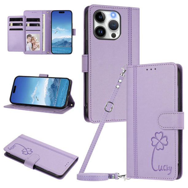 Funda Cartera Trébol para iPhone 16 Pro Max con Ranuras Tarjetas y Carga Inalámbrica Morado claro