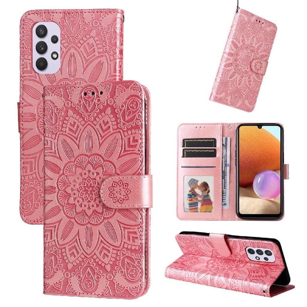 Funda tipo cartera FOXDOCK para Samsung Galaxy A32 4G , diseño girasol en relieve, cuero PU, cierre magnético, soporte y tarjetero