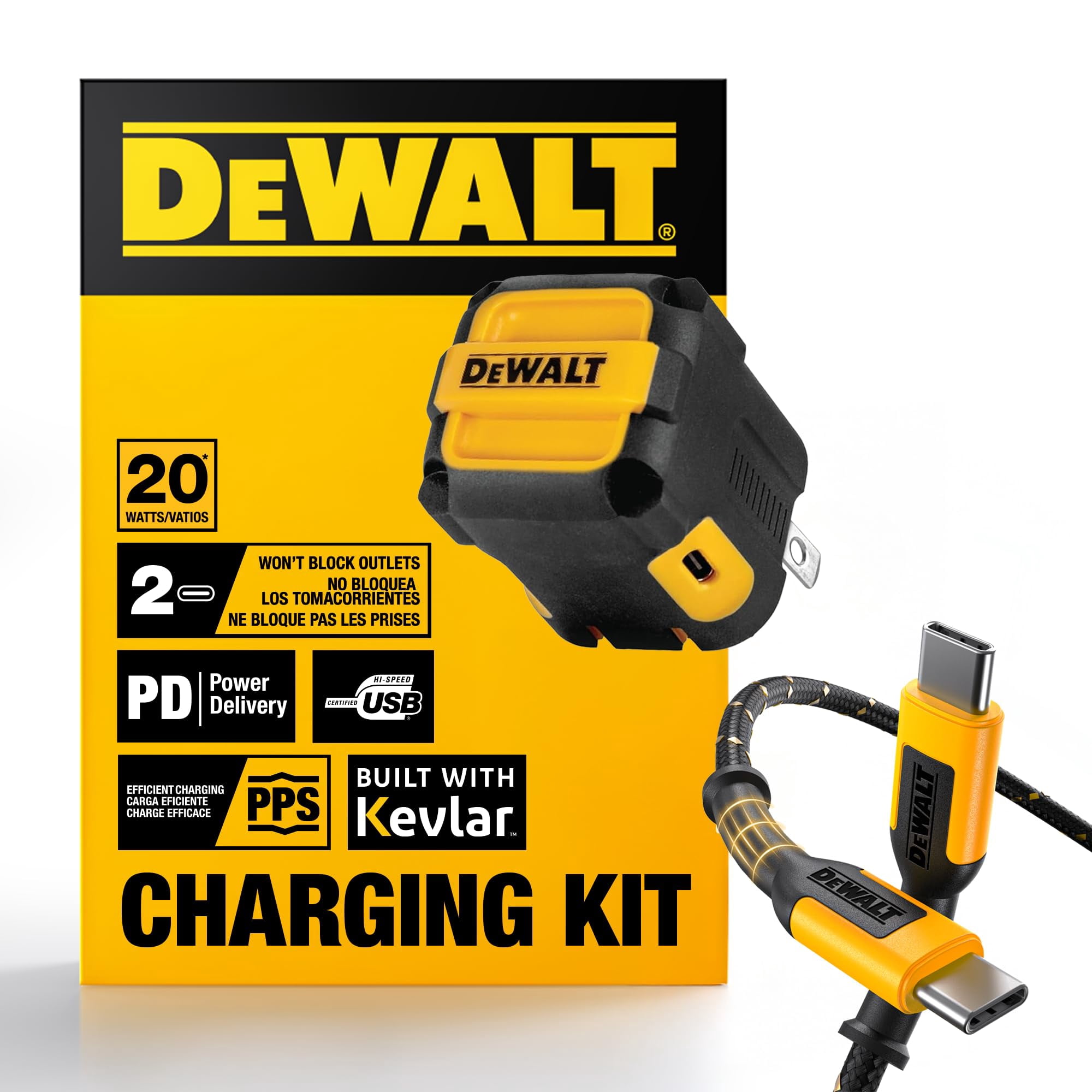 Cargador De Pared Dewalt De 20 W Con Doble Usb-c Pd Y Pps Tipo C Con Cable