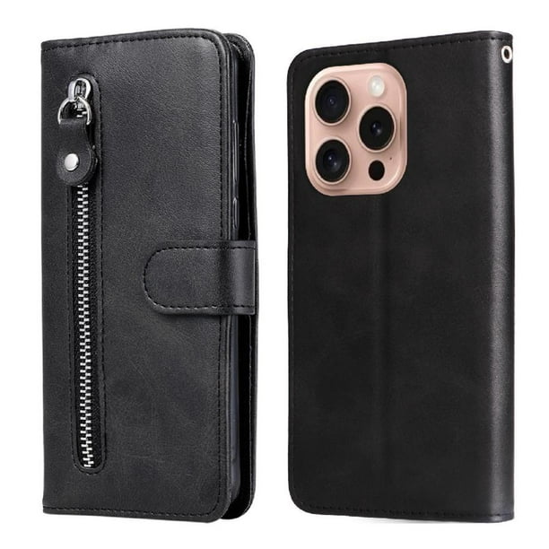 Funda con Cremallera para iPhone 16 Pro, Carcasa Cartera de Cuero PU con Soporte y Tarjetero