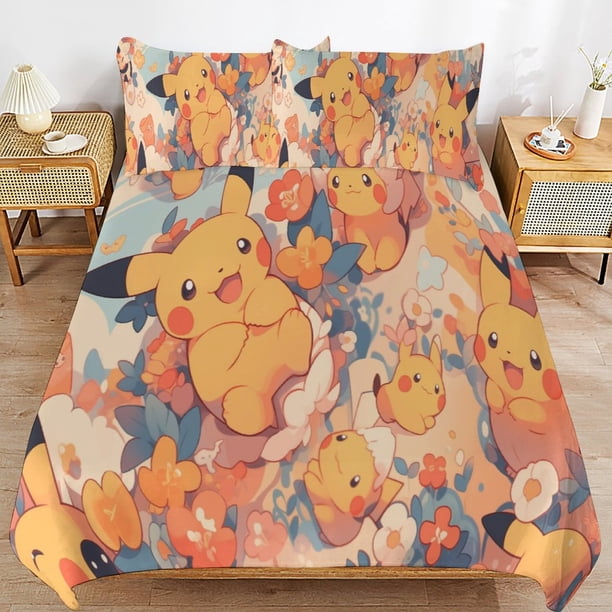 Pi-ka-chu Bed Duvet Cover Microfiber Bedding Sets 3D Printed Lightweight 3 Piece Comforter Sets for Kids Boys Girls