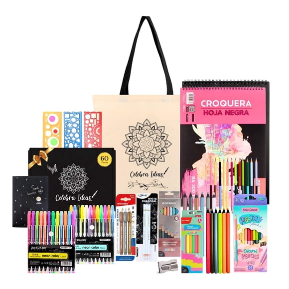 Set de Arte de dibujo en hojas negras XL con lápices de colores metalizados fluor pastel