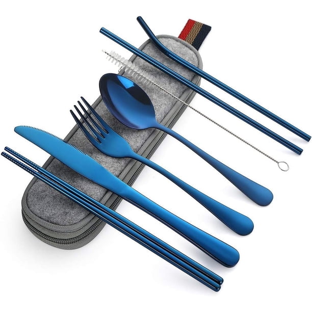 Utensilios portátiles, juego de cubiertos para viajes y camping, 8 piezas que incluye cuchillo, tenedor, cuchara, palillos, cepillo de limpieza y pajitas, estuche portátil, juego de cubiertos de acero