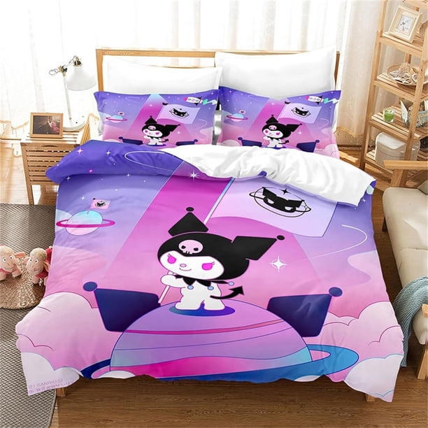 Kids Anime Kuromi Duvet Cover SetSoft and Breathable 3 Pieces Bedding Set Lightweight Comforter Cover with Zipper Twin