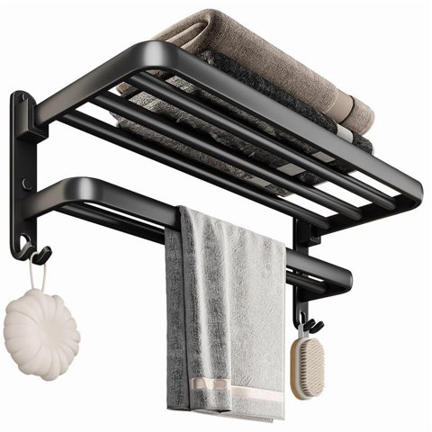 Genérica - Soporte Plegable De Pared Para Toallas Aluminio Con Gancho 50Cm Negro