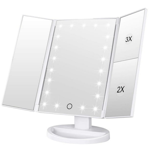 Espejo de maquillaje con luces LED, espejo de tocador de 22 LED con aumento de 2X/3X, pantalla táctil, espejo de maquillaje portátil iluminado con rotación de 180 grados.