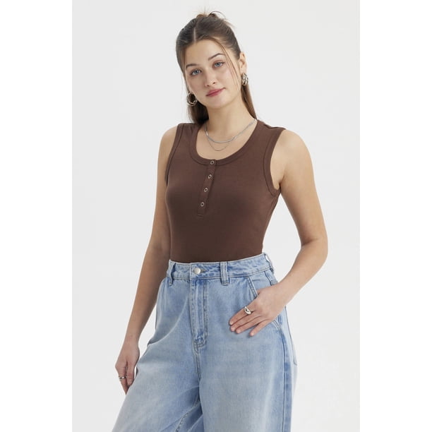 Polera Mujer Rib Aplicación Botones Café