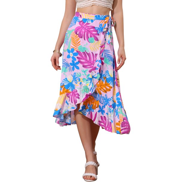 INSPIRE CHIC Falda de Mujer Estampado Floral Tropical Volante Lazo Autonudable Abertura Playa Hawaiana Envolvente Falda Rosa M