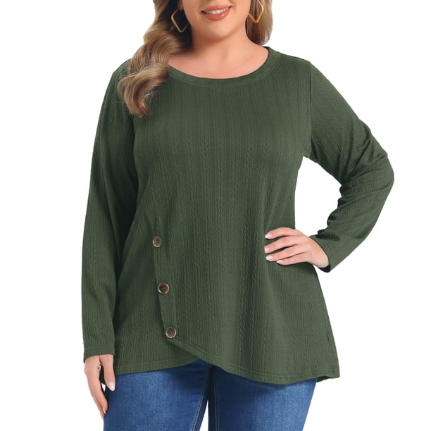 GRACIA Y GRANDEZA Blusas de Mujer Tallas Grandes con Botones, Dobladillo Cruzado, Cuello Redondo, Manga Larga, Texturizadas para Otoño e Invierno, Talla 1X Verde Militar