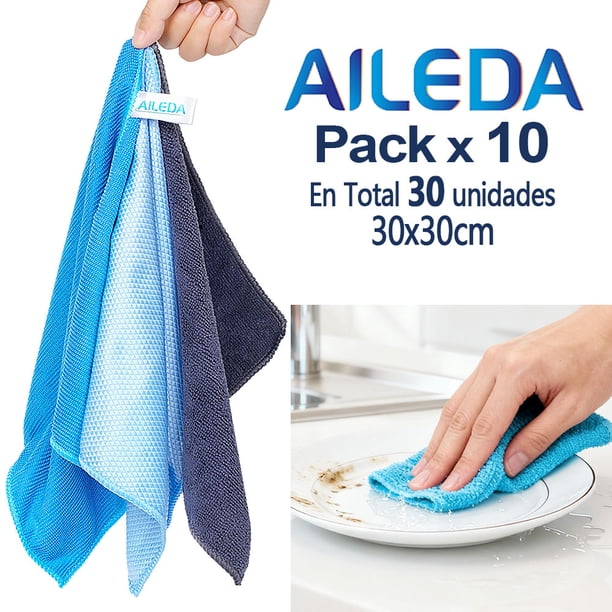 Aileda Paño de limpieza Microfibra paño 3 u Doble uso: cocina, automóvil y hogar 30x30cm (En total 30 Unidades)