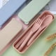 thumbnail image 5 of Juego de utensilios de viaje con estuche, 2 juegos de tenedores, cucharas y cuchillos de plástico portátiles de paja de trigo para acampar, vajilla ecológica sin BPA para el almuerzo, ideal para niños, 5 of 6