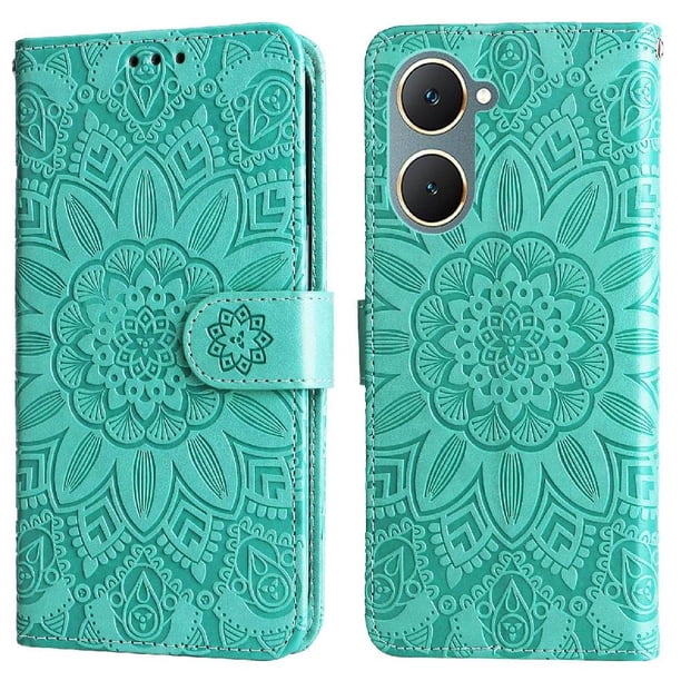 Funda tipo cartera FOXDOCK para Vivo Y03 4G , diseño girasol en relieve, cuero PU, cierre magnético, soporte y tarjetero