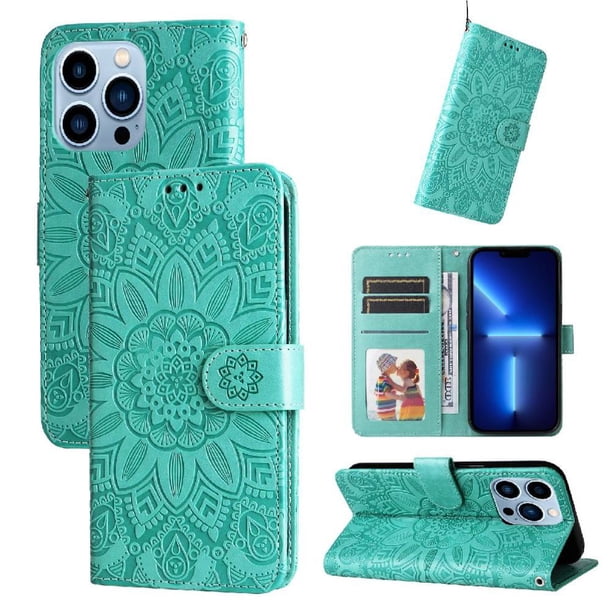 Funda tipo cartera FOXDOCK para iPhone 13 Pro , diseño girasol en relieve, cuero PU, cierre magnético, soporte y tarjetero