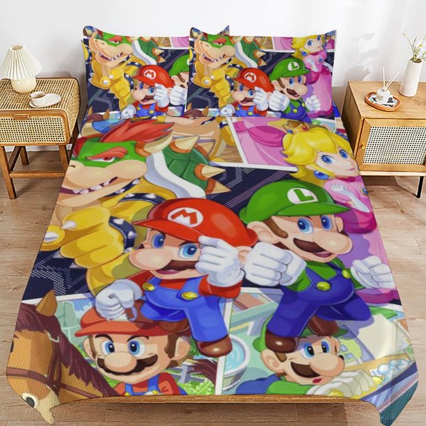 Super Mario 3-Piece Comforter Set for Bedroom Super Mario Bedding Set for Kids Adults Soft Microfiber Duvet Cover Set with Zipper Closure