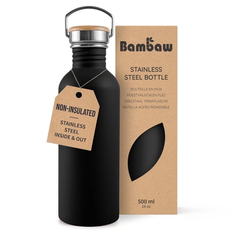 Botella De Agua Bambaw De Acero Inoxidable De 500 Ml, Negra, Sin Aislamiento