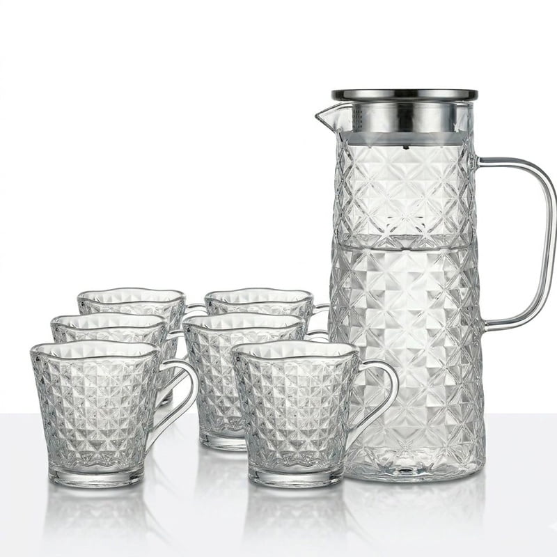 Wakeshome - Juego De Jarra De Vidrio Moderna Con Tapa De Acero Inoxidable Y 6 Tazas Diseño Relieve