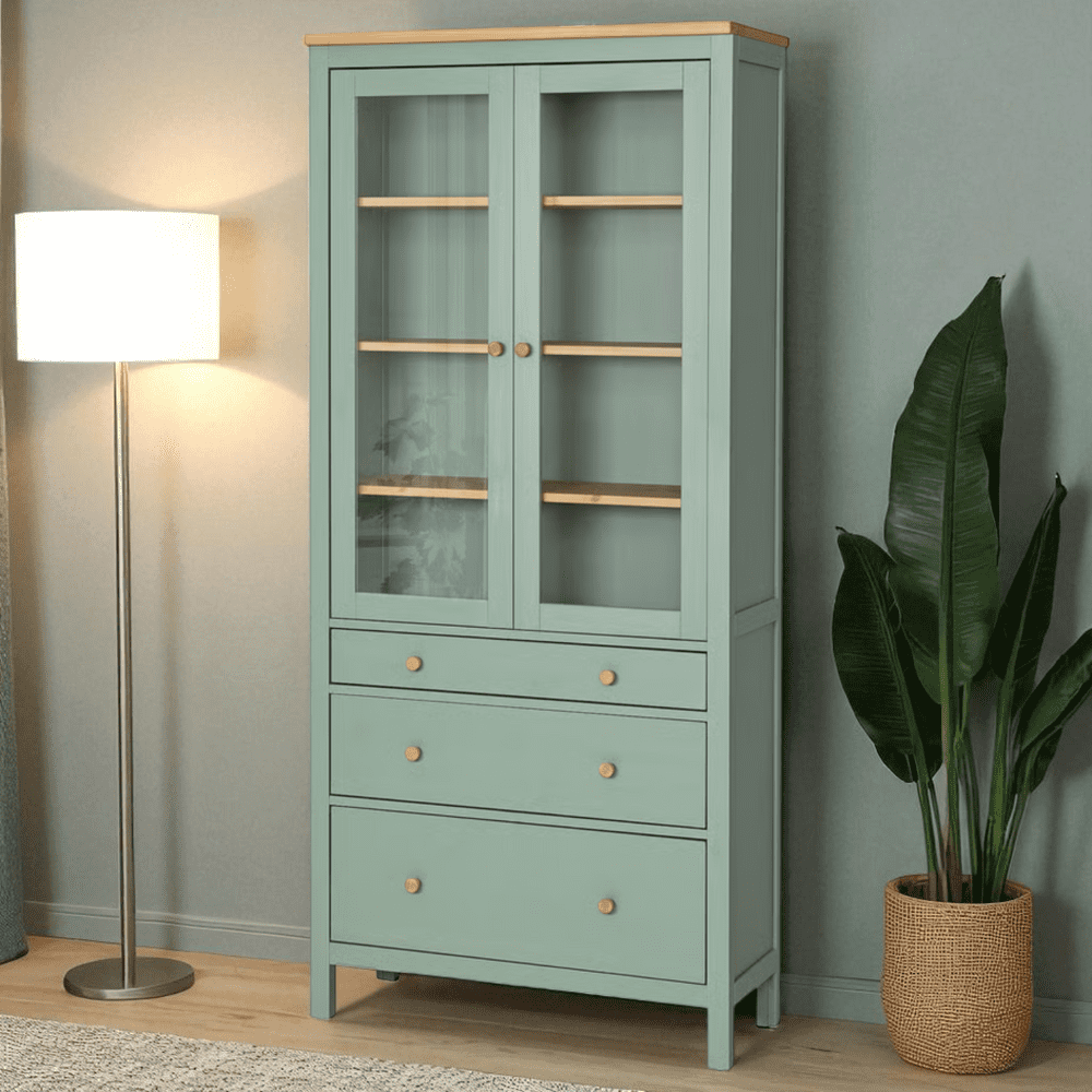 Arca Muebles - Vitrina De Madera Vintage 90x35x180 Color Verde Con Madera Natural