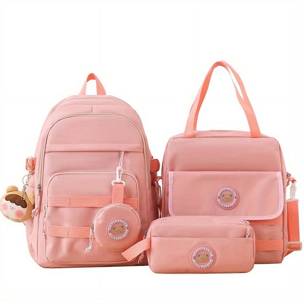 4pcs Kawaii Candy Color Laptop Backpack, Casual Preppy Style Travel Schoolbag With Tote Bag Pencil Case And Coin Purse