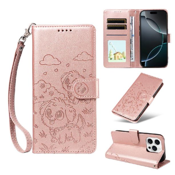 Funda Cartera para iPhone 16 Pro Max Perro Cachorro Grabado con Tarjetas Soporte Correa Rosa