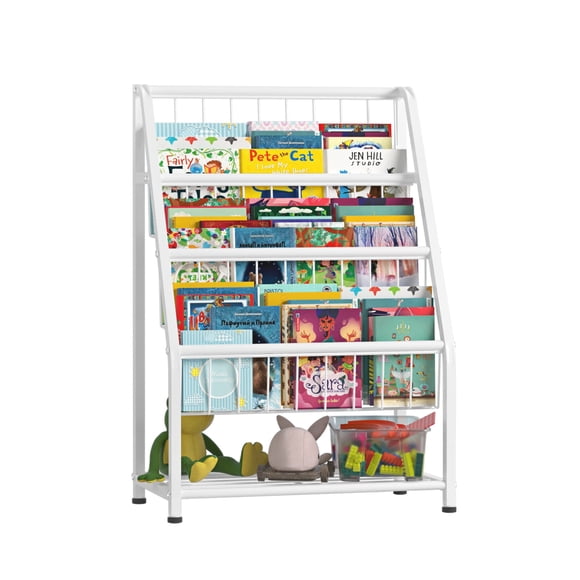 Estantería JAQ para niños pequeños de metal de 4 niveles con almacenamiento de juguetes, color blanco