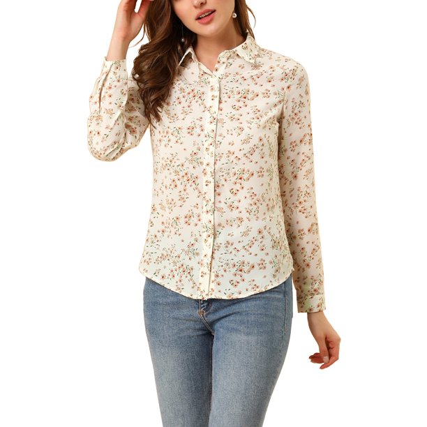 INSPIRE CHIC Camisa de Mujer con Botones Estampado Floral de Manga Larga Cuello en Punta Top de Oficina M Blanco