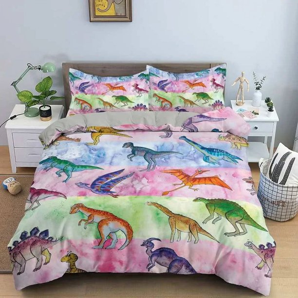 x1663 Bed SheetsCartoon Dinosaur Duvet Cover Size Jurassic World Theme Bedding Set Kids Ancient Animals /Polyester Quilt Cover 3-Piece Bedding Set (1 Duvet Cover + 2 Pillow Shams) nj1663