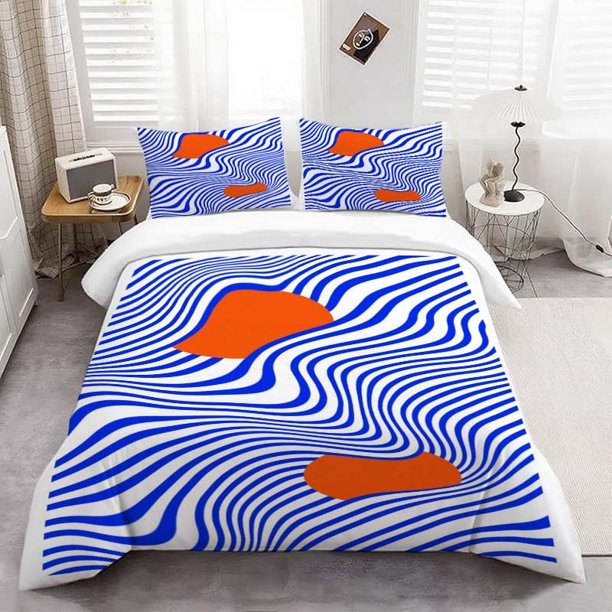 3pcs Blue And White Wavy Optical Illusion Pattern Bedding Set. Soft And Comfortable Suitable for All Seasons